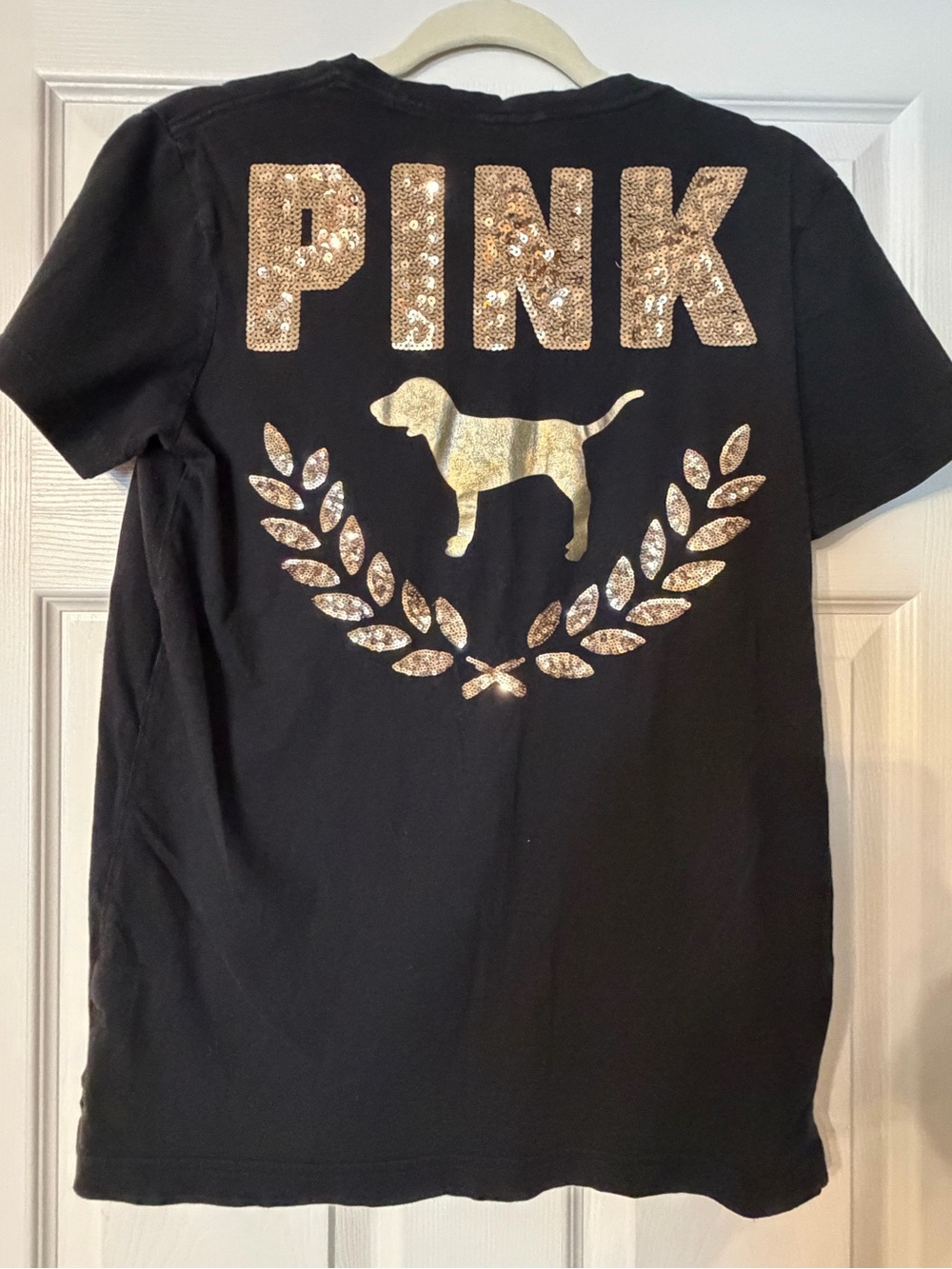 PINK Victoria's Secret Black Campus Tee with Gold Sequin Logo Dog Size XS